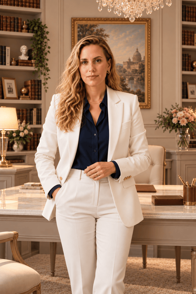 Dra. Wyara Aniceto, médica nefrologista, em pé em um consultório de estilo clássico, usando blazer branco e camisa azul-marinho.