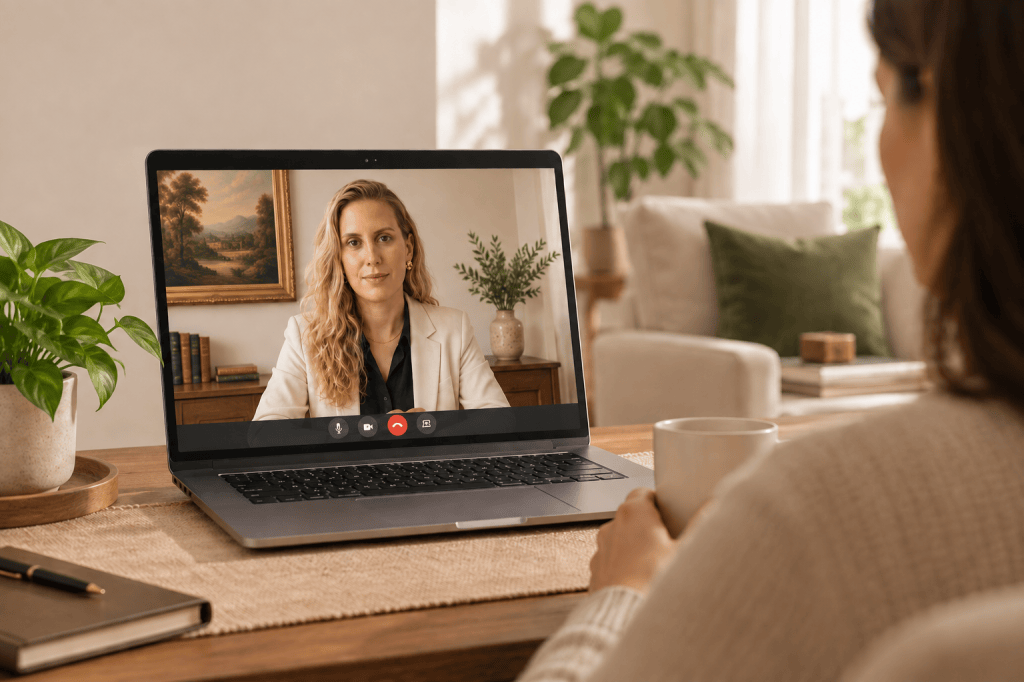 Paciente participando de teleconsulta com a Dra. Wyara Aniceto, nefrologista, por videochamada em um ambiente reservado.
